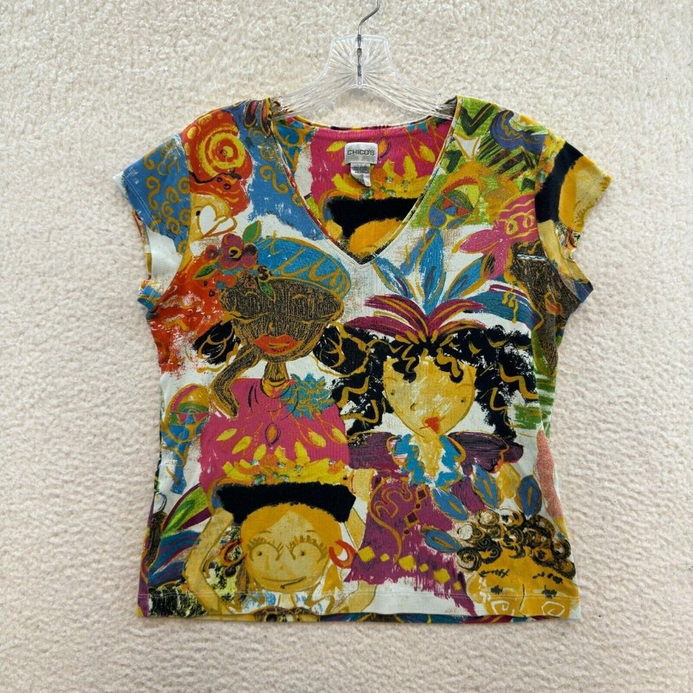 Vintage Chico's Shirt Top 1 L Large Colorful Abstract Novelty Art Avant Garde